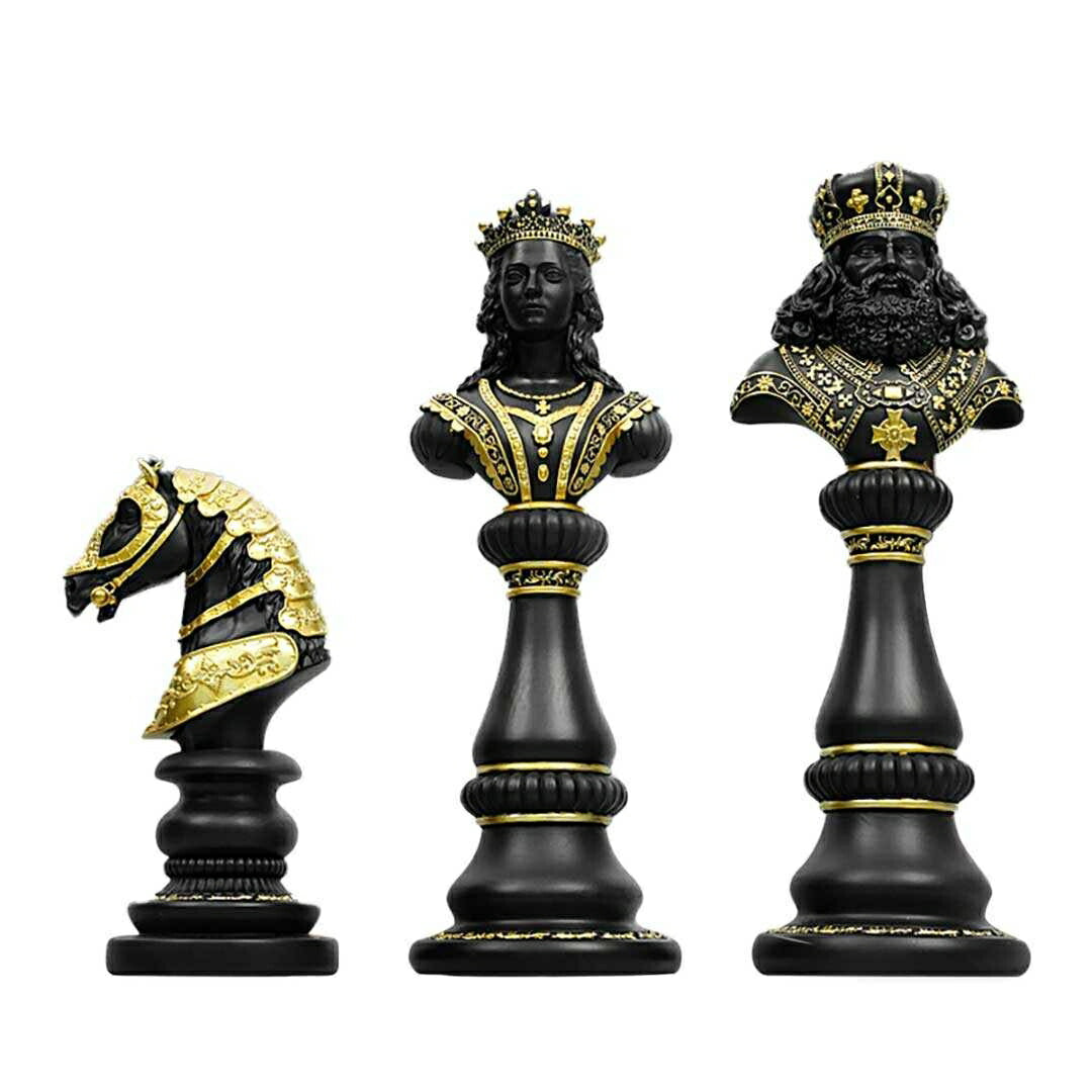 インテリア オブジェ | ナイト＆クイーン チェス駒デザイン置物3個セット 【アンティーク調仕上げ・微細な塗装ムラ等あり】