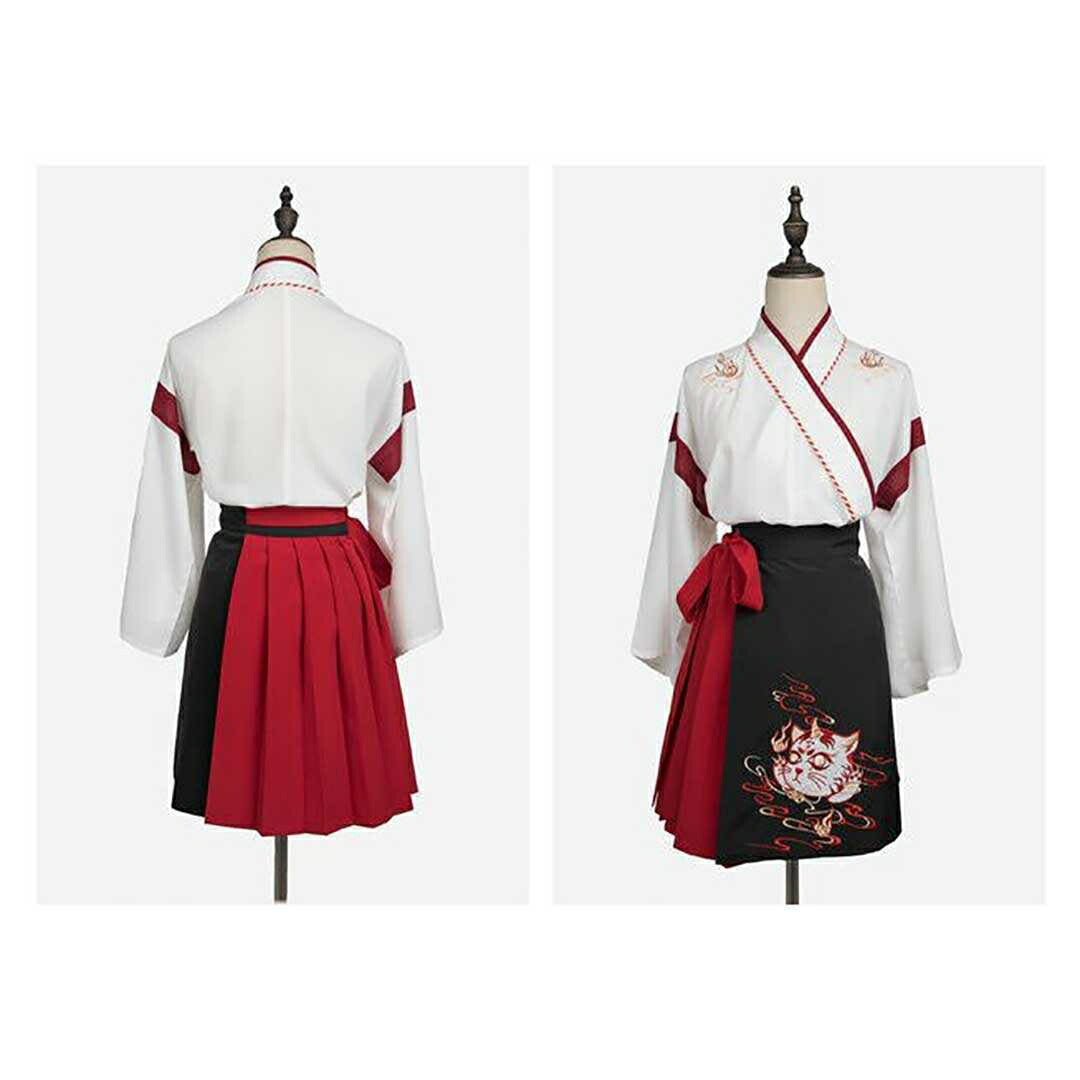 はっぴ 和服 | 「和装風ツノ付き猫柄ダンス衣装セット（上下）- ホワイト/ブラック選択可」