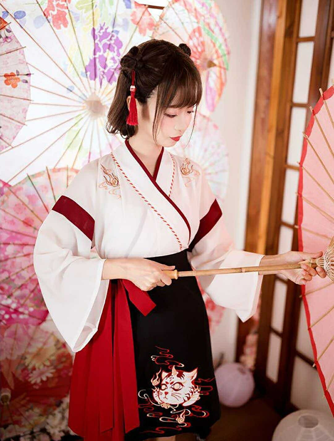 はっぴ 和服 | 「和装風ツノ付き猫柄ダンス衣装セット（上下）- ホワイト/ブラック選択可」