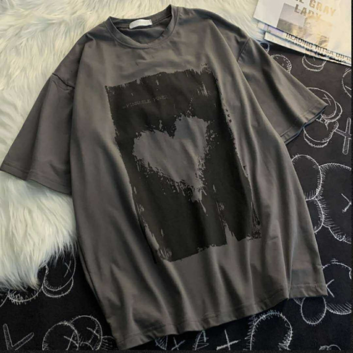 シャツ 女性 | ダークグレー ハート半袖Tシャツ Lサイズ - ゆったり韓国ファッション