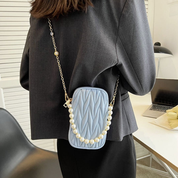 バッグ | キルティング ミニショルダーバッグ 2way パールチェーン - ホワイト/ライトブルー
