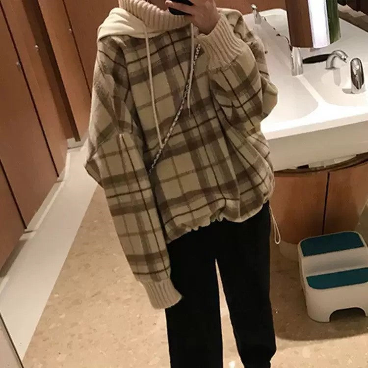 パーカー 女性 | ハイネック チェック柄 オーバーサイズパーカー