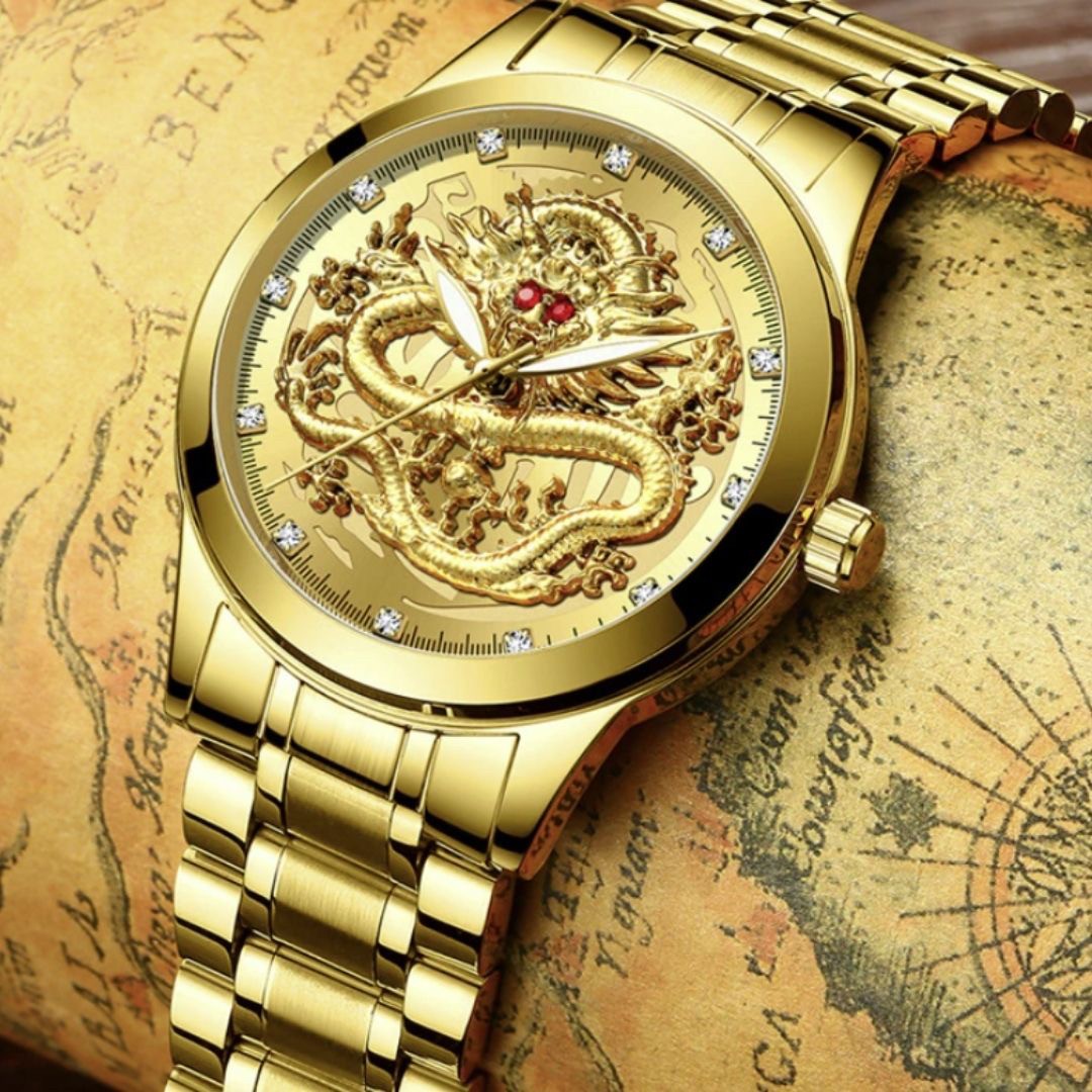 風水 時計 | 紅眼龍デザイン腕時計 - ゴールドorブラック