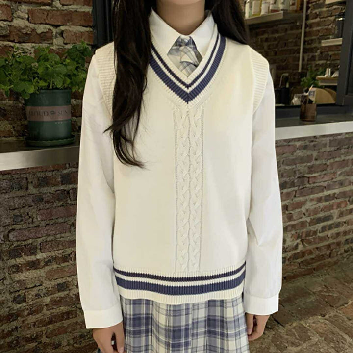 アウター ジャケット | 綿100% Vネック スクールニットベスト - 男女兼用