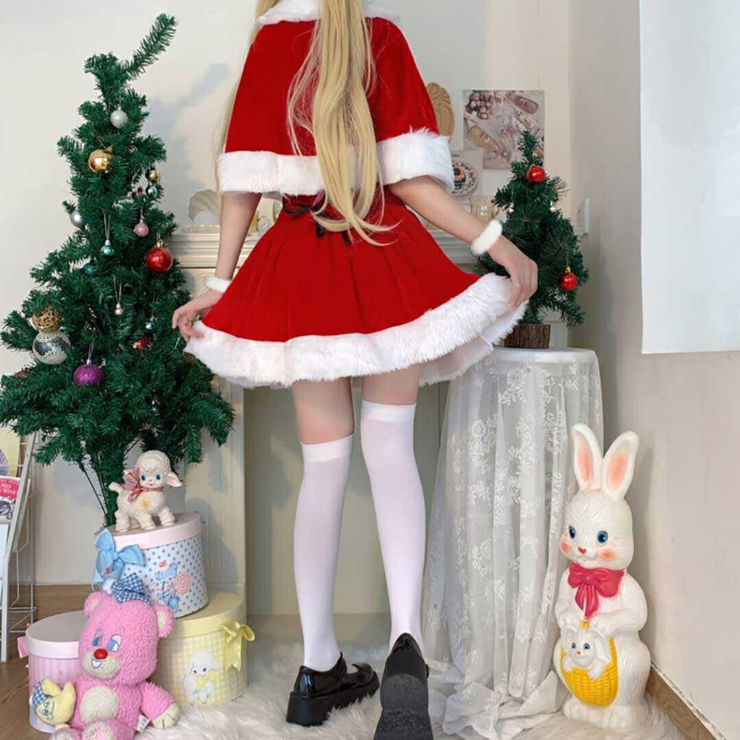 仮装 | クリスマス用サンタポンチョと猫耳ポンポン帽子 コスプレセット