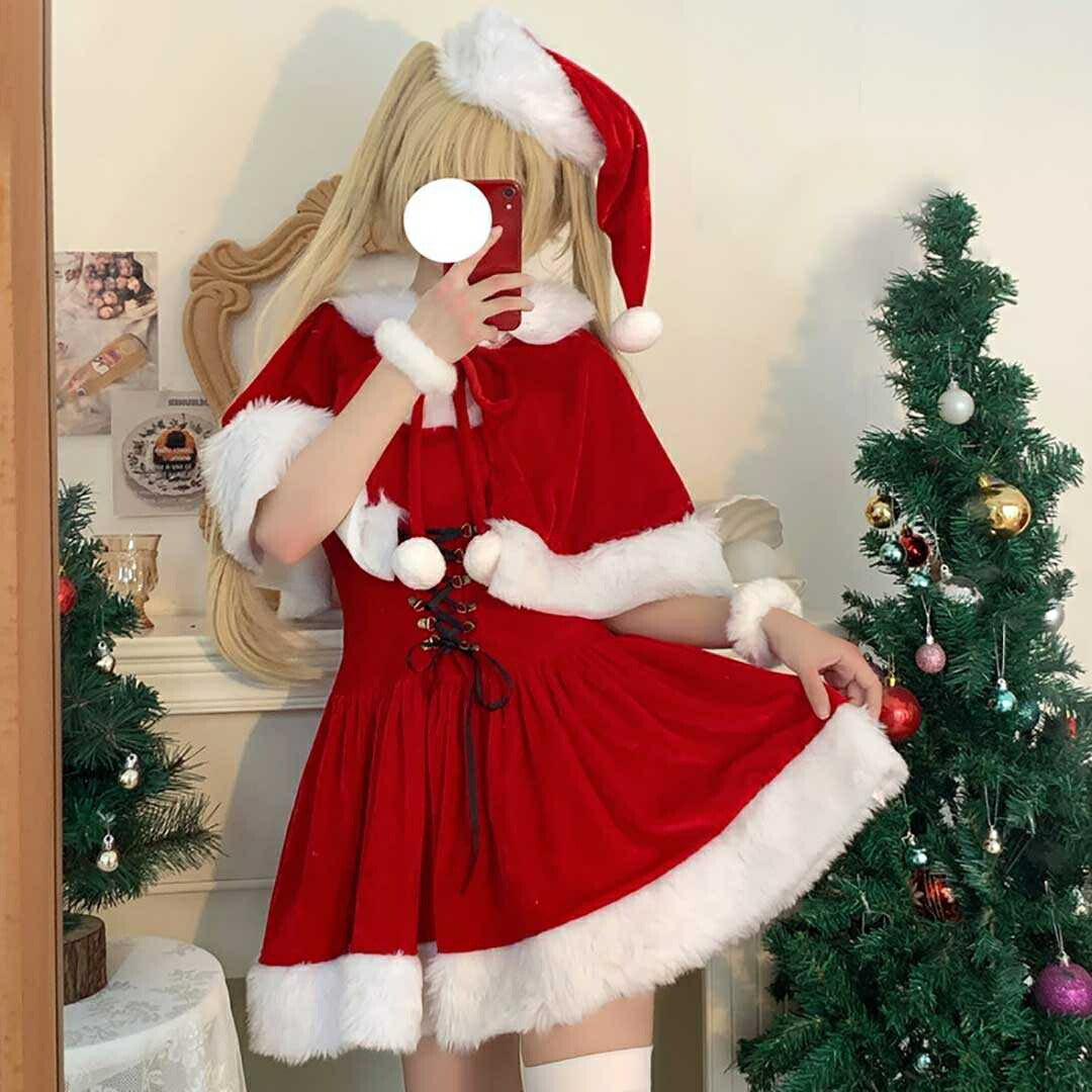 仮装 | クリスマス用サンタポンチョと猫耳ポンポン帽子 コスプレセット