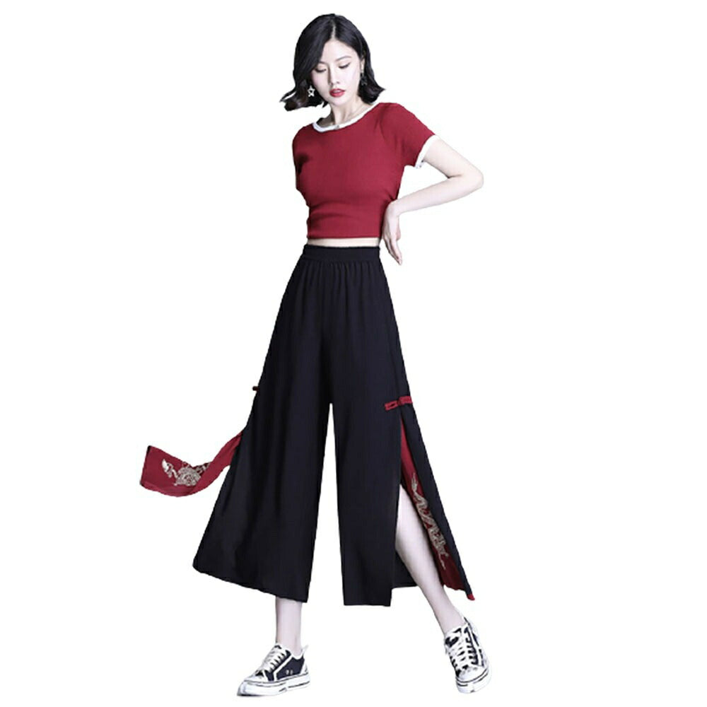 ボトムス 女性 | 龍刺繍ワイド袴パンツ 和風デザイン