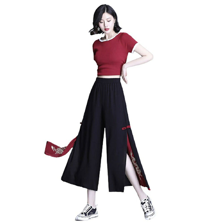 ボトムス 女性 | 龍刺繍ワイド袴パンツ 和風デザイン