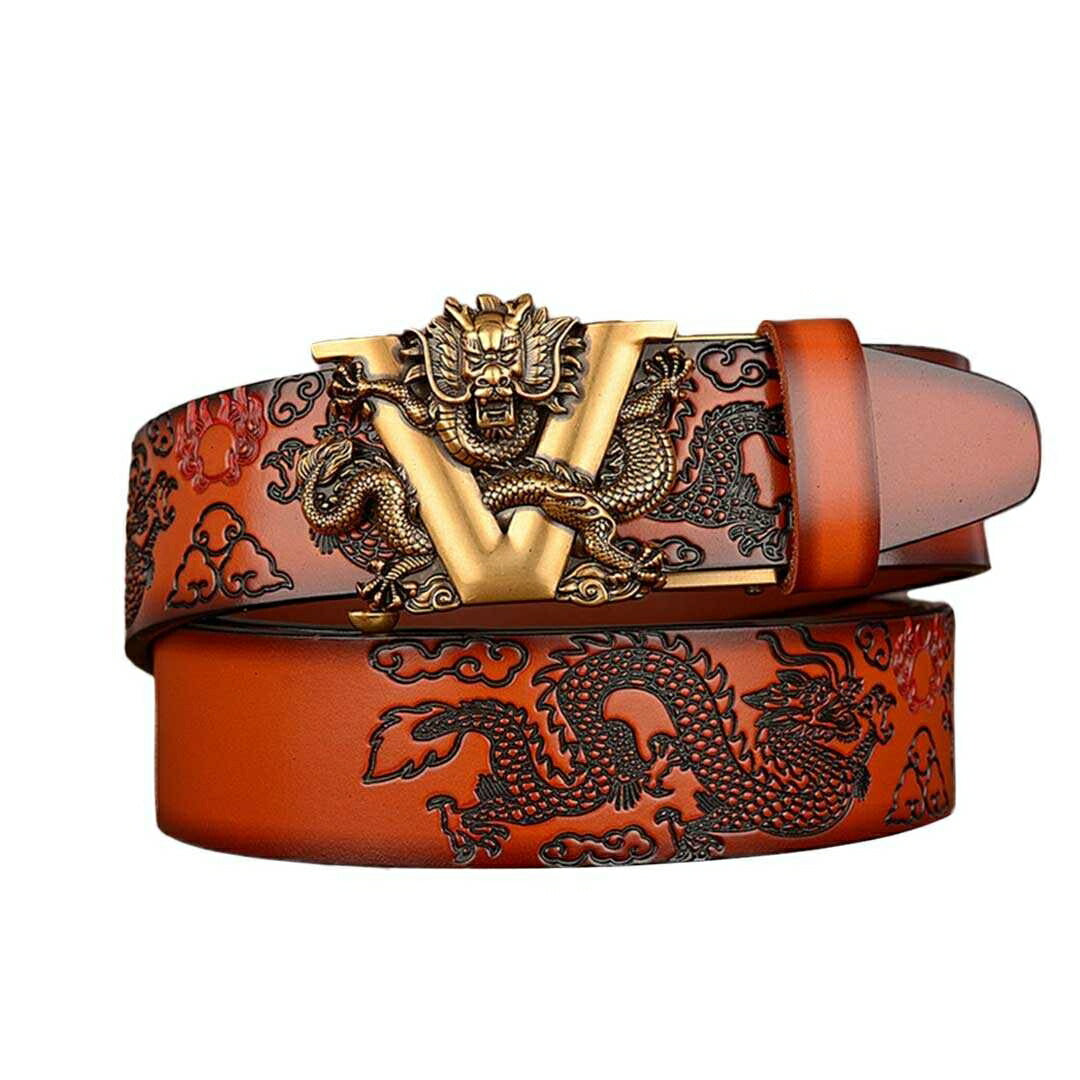 ベルト | ドラゴンデザイン スライド式メンズ革ベルト（無段階調整・選べるサイズ）