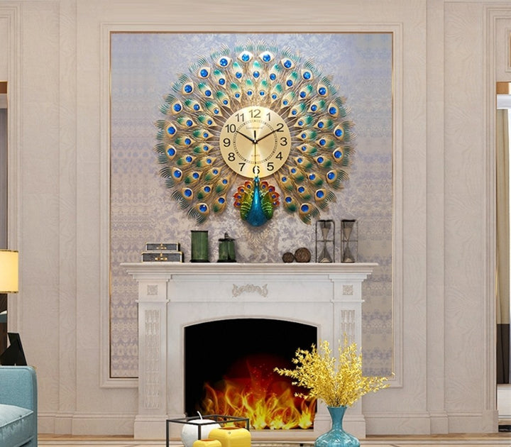 壁掛け時計 | 孔雀デザイン壁掛け時計 60cm シルバー・ブルーストーン