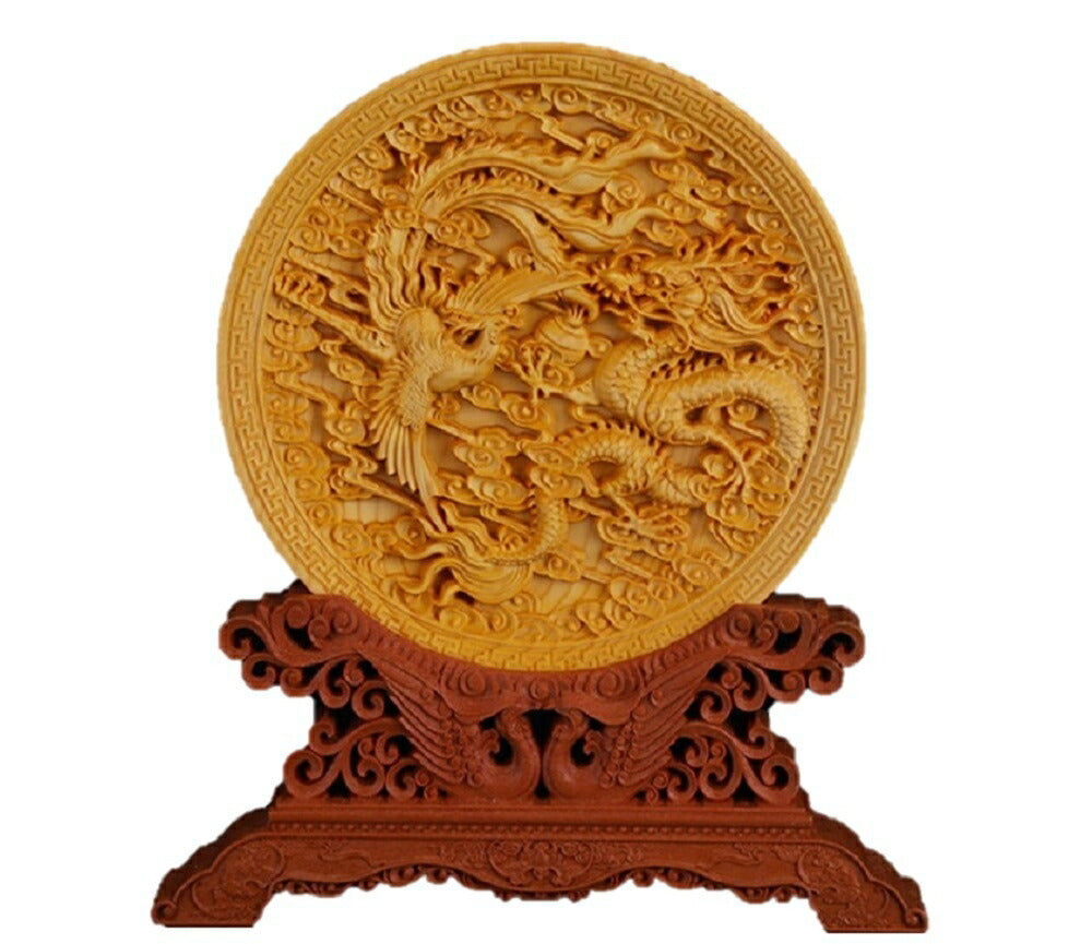 風水 インテリア | 風水龍神＆鳳凰彫り皿 置物・開運インテリア 木彫り直径145mm