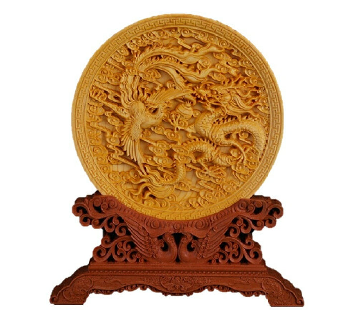風水 インテリア | 風水龍神＆鳳凰彫り皿 置物・開運インテリア 木彫り直径145mm