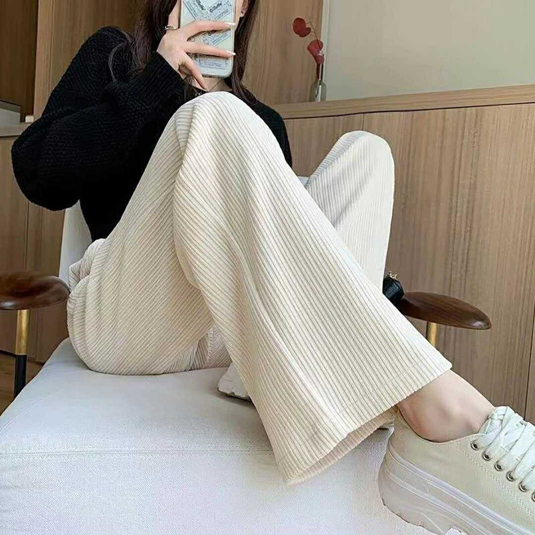 ボトムス 女性 | ホワイトコーデュロイフリースワイドパンツ Mサイズ