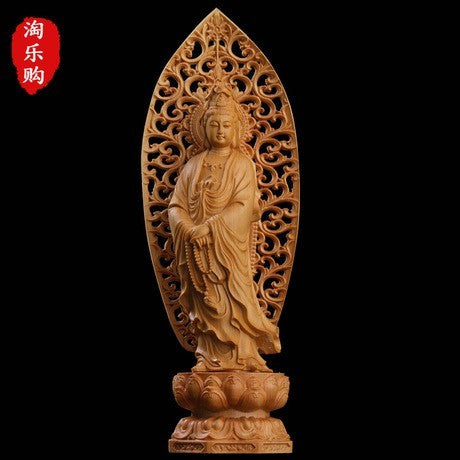 風水 インテリア | 高級天然ツゲ木彫り 観音菩薩立像 透かし彫り装飾