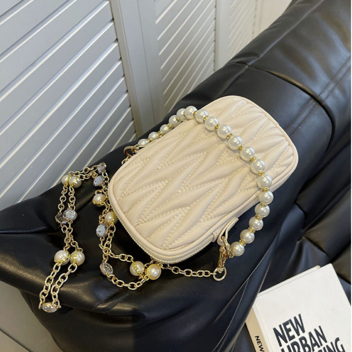 バッグ | キルティング ミニショルダーバッグ 2way パールチェーン - ホワイト/ライトブルー