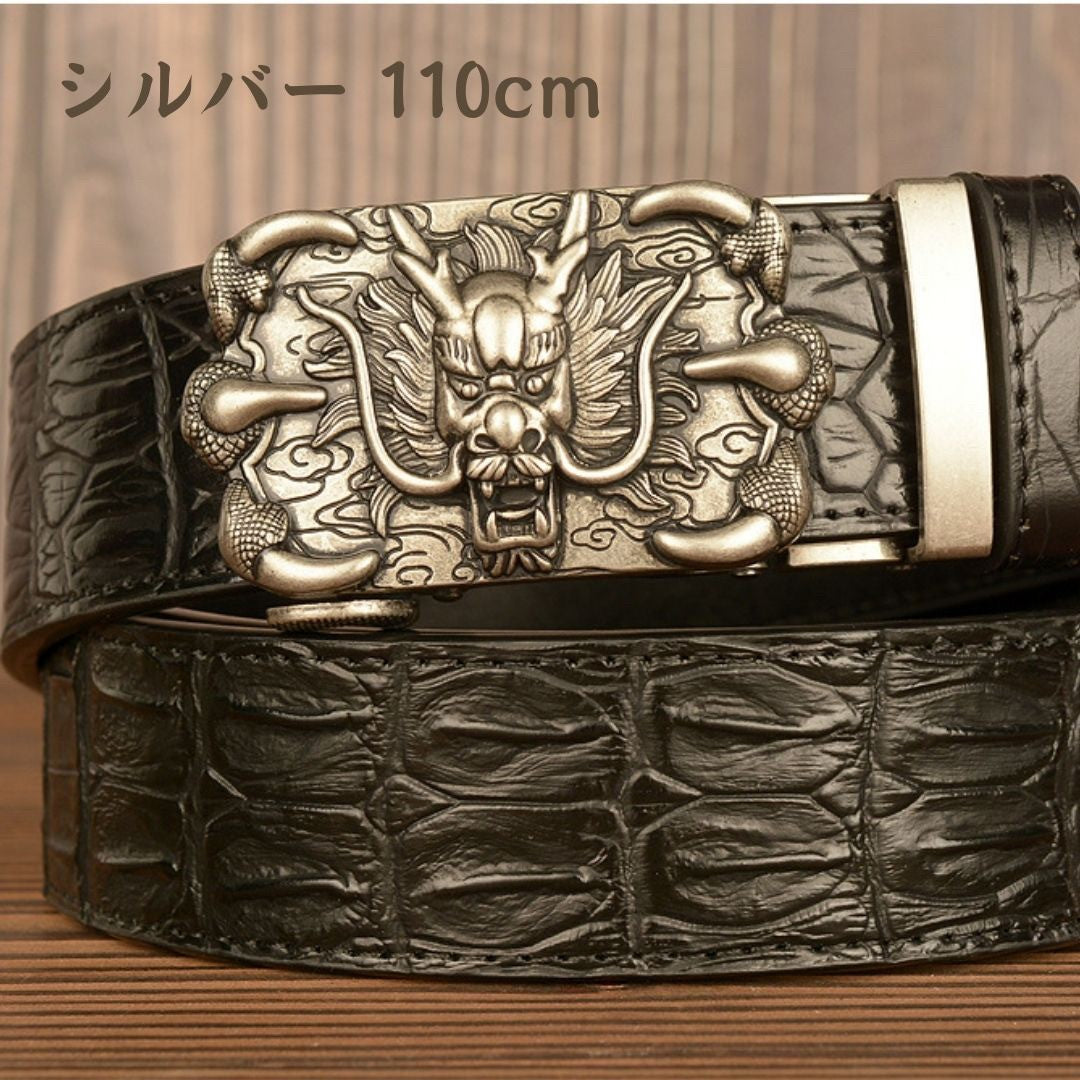 ベルト | ドラゴンデザイン スライド式合金バックル メンズベルト（ゴールド/シルバー、110cm）