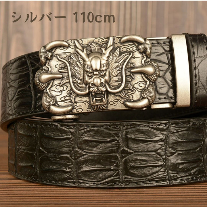 ベルト | ドラゴンデザイン スライド式合金バックル メンズベルト（ゴールド/シルバー、110cm）