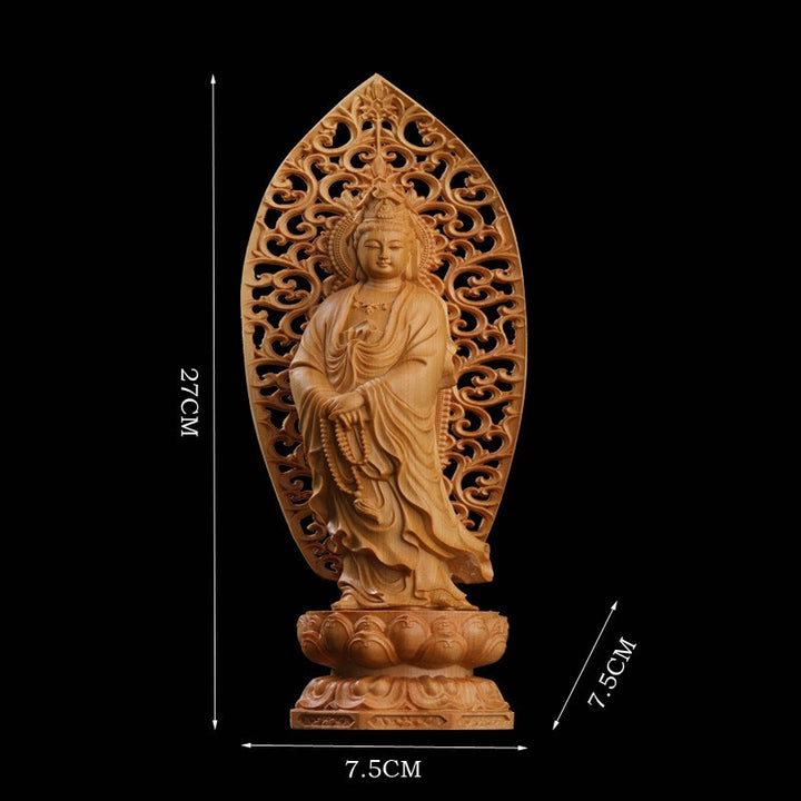 風水 インテリア | 高級天然ツゲ木彫り 観音菩薩立像 透かし彫り装飾