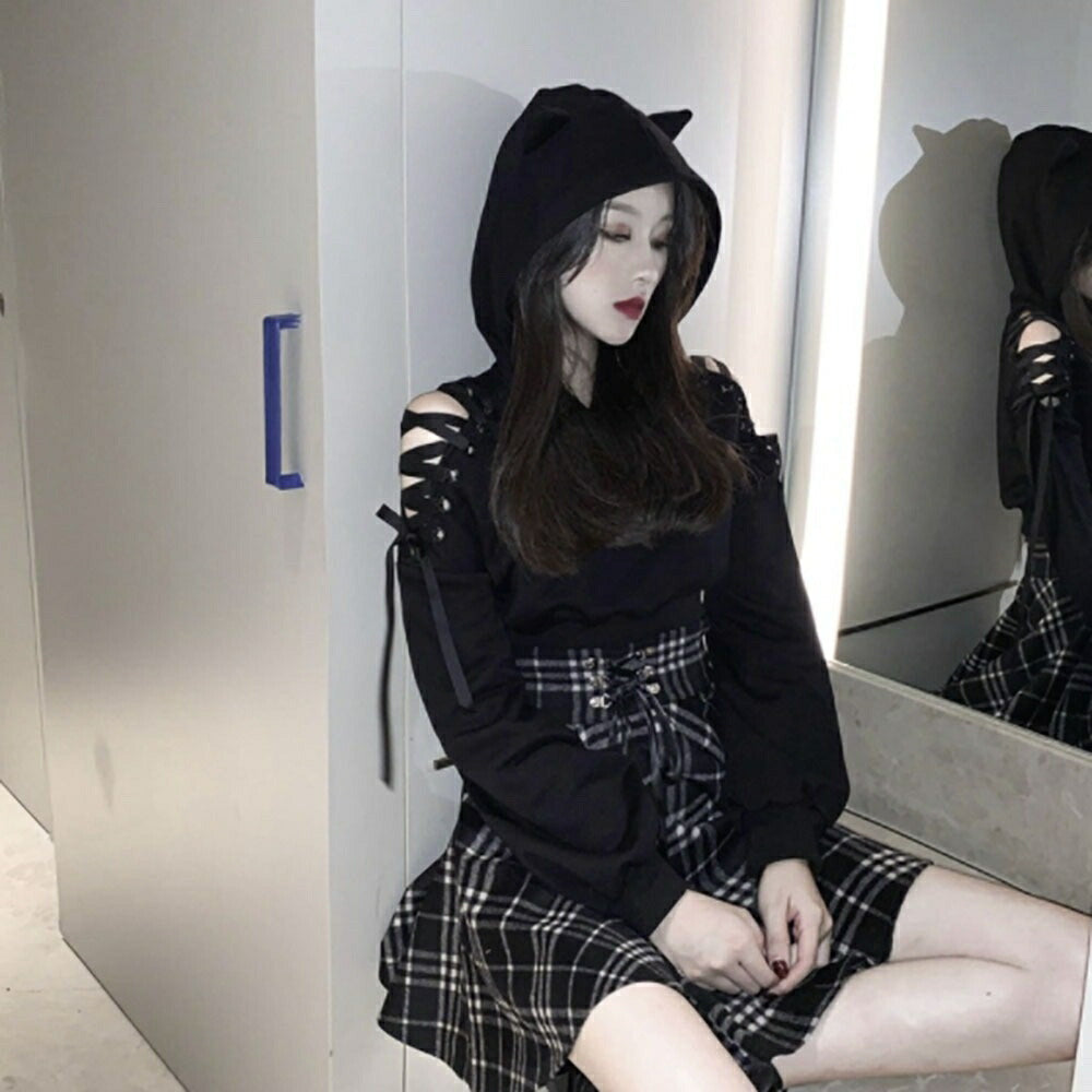 パーカー 女性 | 猫耳オフショルダーパーカー レディース 長袖