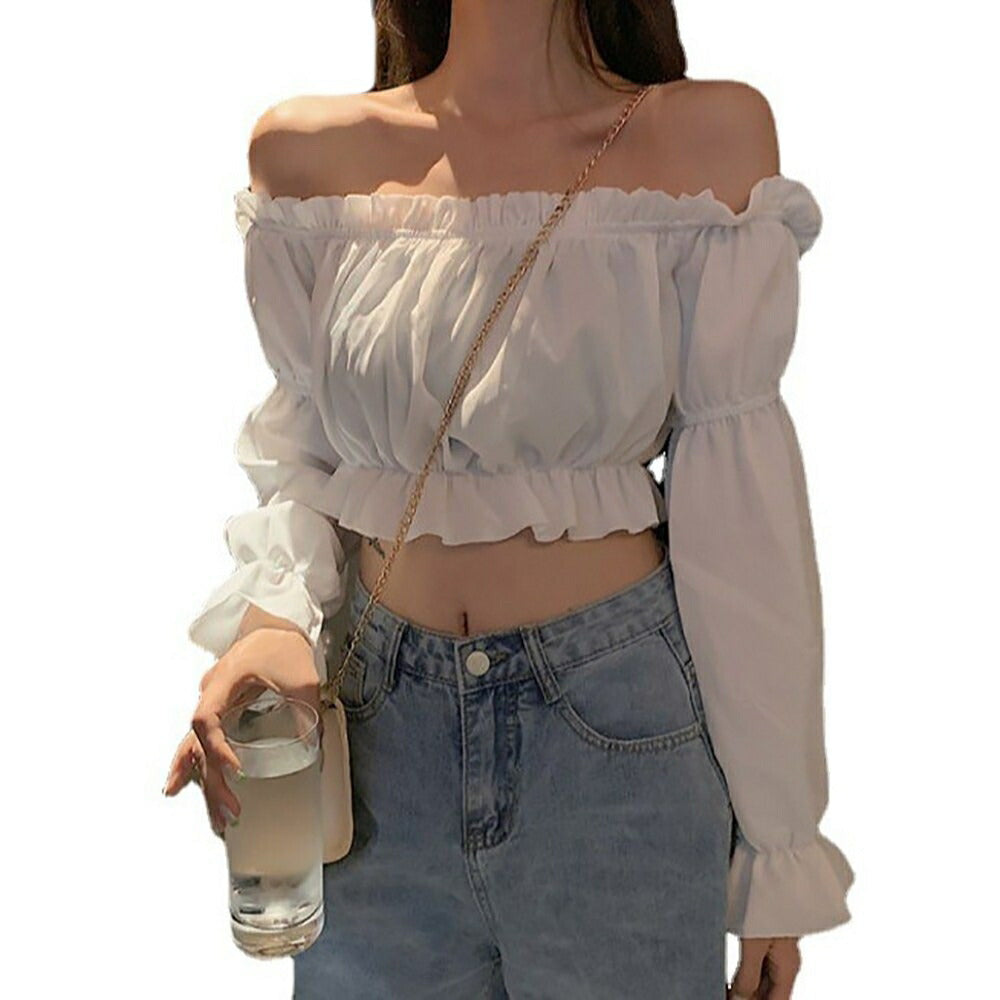 シャツ 女性 | ホワイトオフショルブラウス Mサイズ 春夏向け長袖