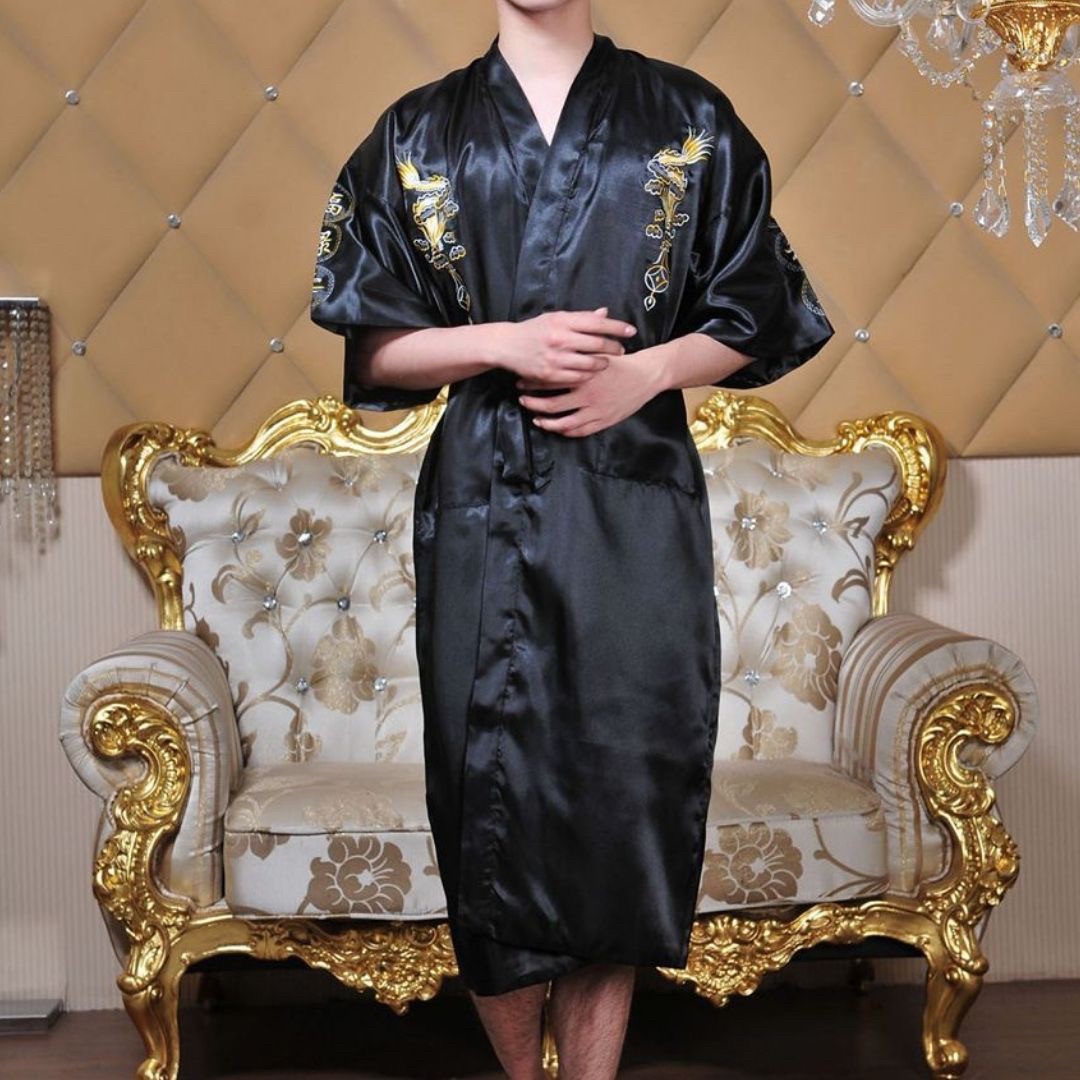 男性ファッション その他 | 龍刺繍サテンシルクバスローブ - 3色展開