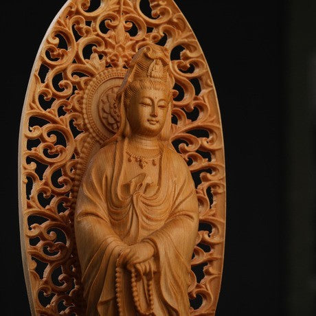 風水 インテリア | 高級天然ツゲ木彫り 観音菩薩立像 透かし彫り装飾