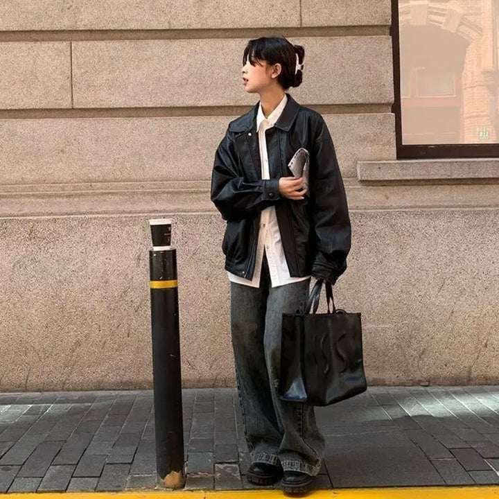 アウター ジャケット | オーバーサイズ フェイクレザージャケット ブラック【秋冬・ユニセックス】