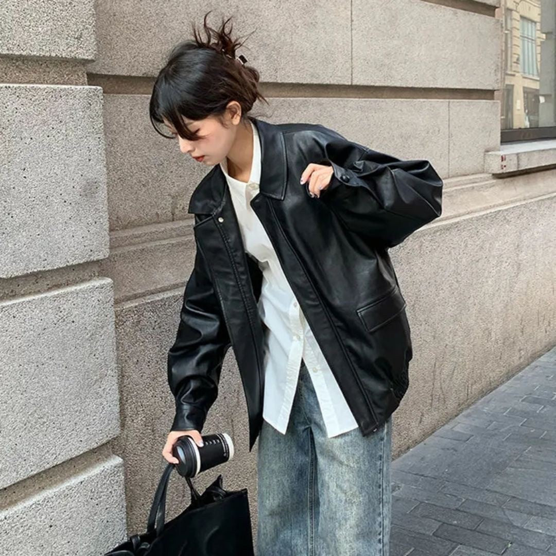 アウター ジャケット | オーバーサイズ フェイクレザージャケット ブラック【秋冬・ユニセックス】