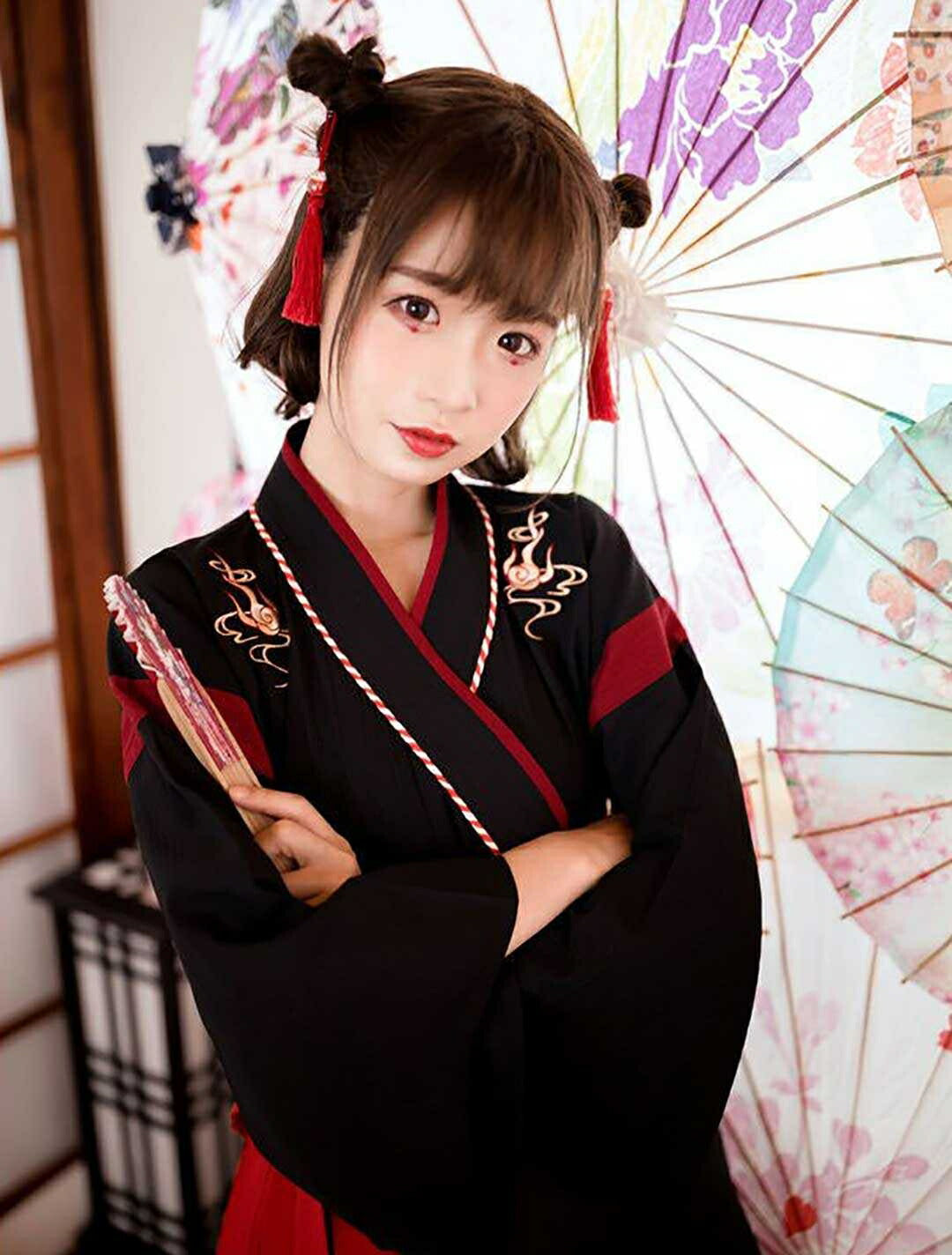 はっぴ 和服 | 「和装風ツノ付き猫柄ダンス衣装セット（上下）- ホワイト/ブラック選択可」