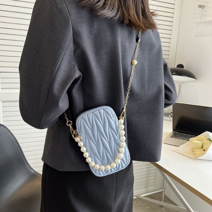 バッグ | キルティング ミニショルダーバッグ 2way パールチェーン - ホワイト/ライトブルー