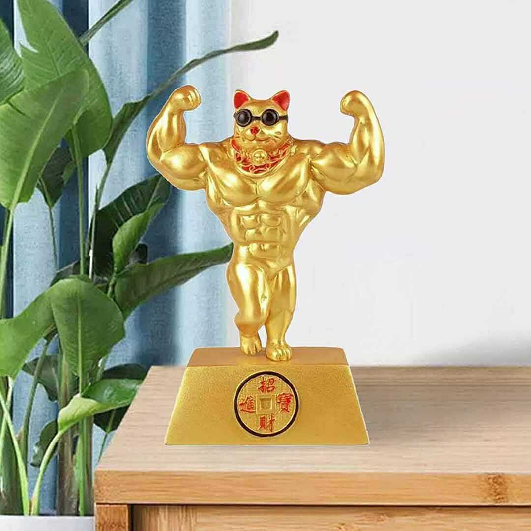 風水 インテリア | マッチョ招き猫 金色 ダブルバイセップス 開運置物