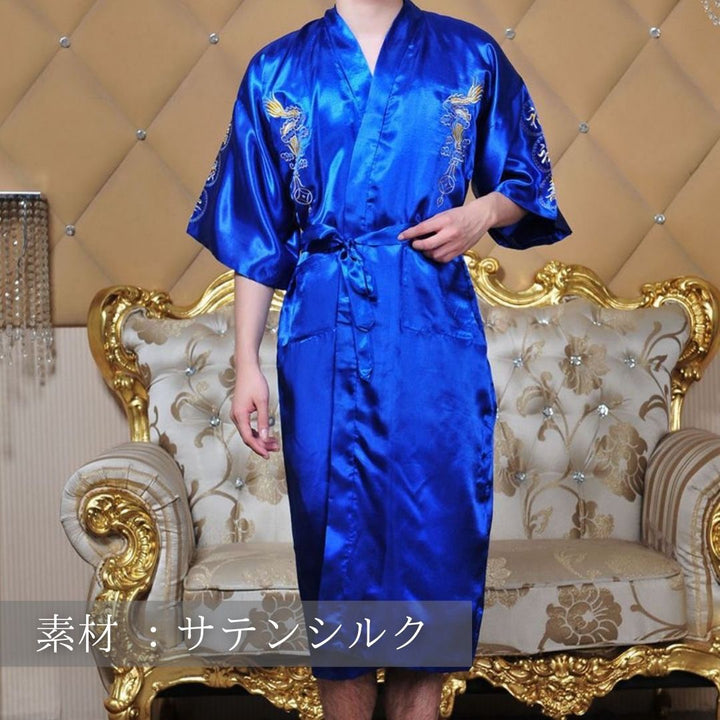 男性ファッション その他 | 龍刺繍サテンシルクバスローブ - 3色展開
