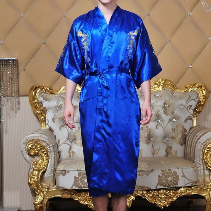 男性ファッション その他 | 龍刺繍サテンシルクバスローブ - 3色展開