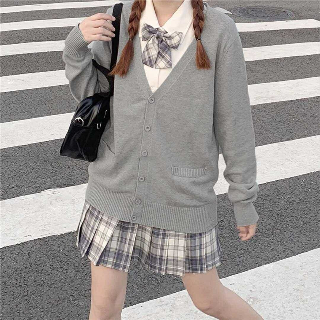 アウター ジャケット | スクールニットカーディガン グレー/ネイビー 男女兼用