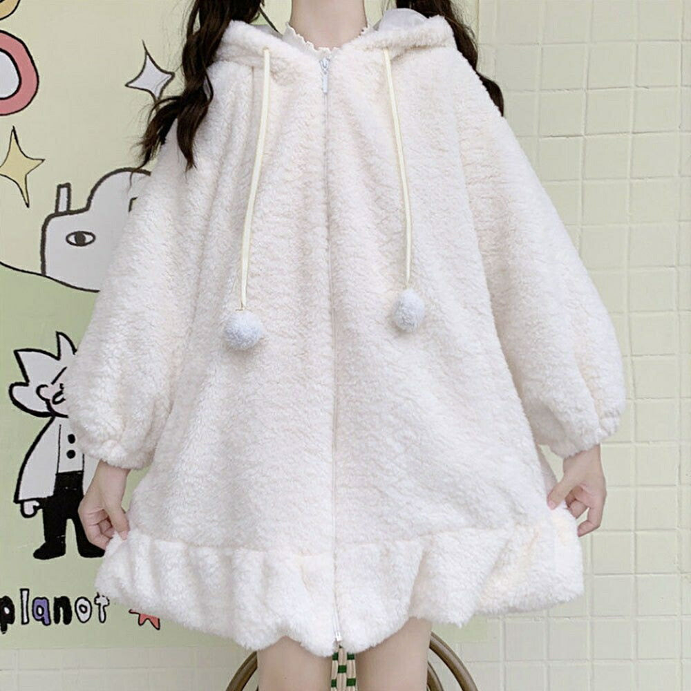 パーカー 女性 | ホワイトうさみみもこもこパーカー レディース・ユニセックス秋冬向け