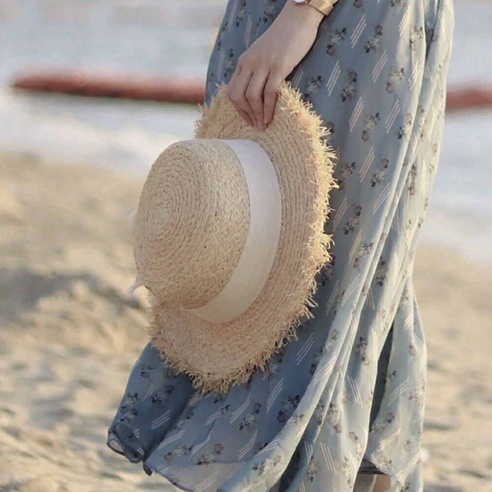 キャップ | アイボリーリボン付きフリンジ麦わら帽子 レディースフリーサイズ