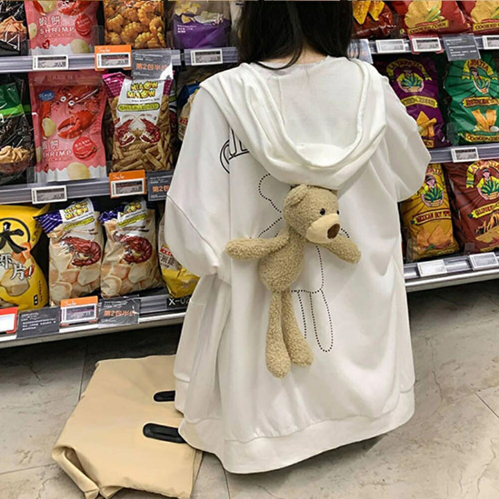 パーカー 女性 | 秋冬用テディーベア付きホワイトパーカー