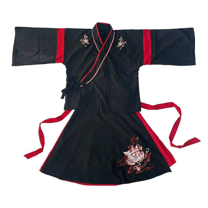 はっぴ 和服 | 「和装風ツノ付き猫柄ダンス衣装セット（上下）- ホワイト/ブラック選択可」