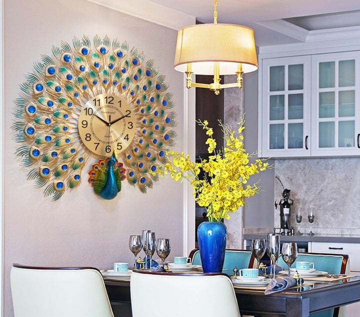 壁掛け時計 | 孔雀デザイン壁掛け時計 60cm シルバー・ブルーストーン