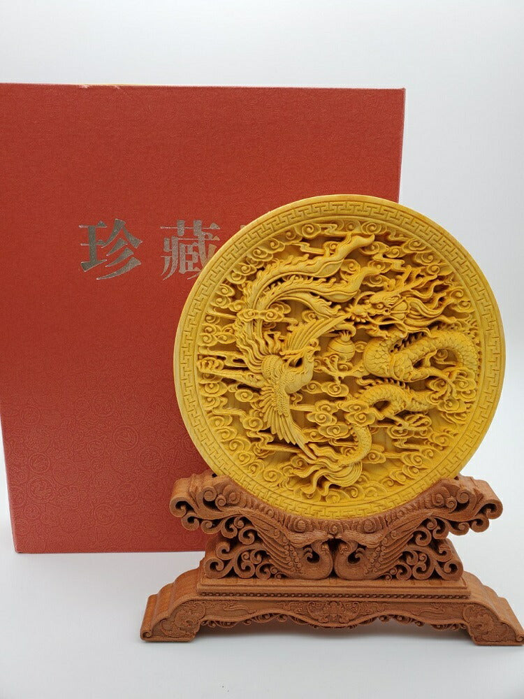 風水 インテリア | 風水龍神＆鳳凰彫り皿 置物・開運インテリア 木彫り直径145mm