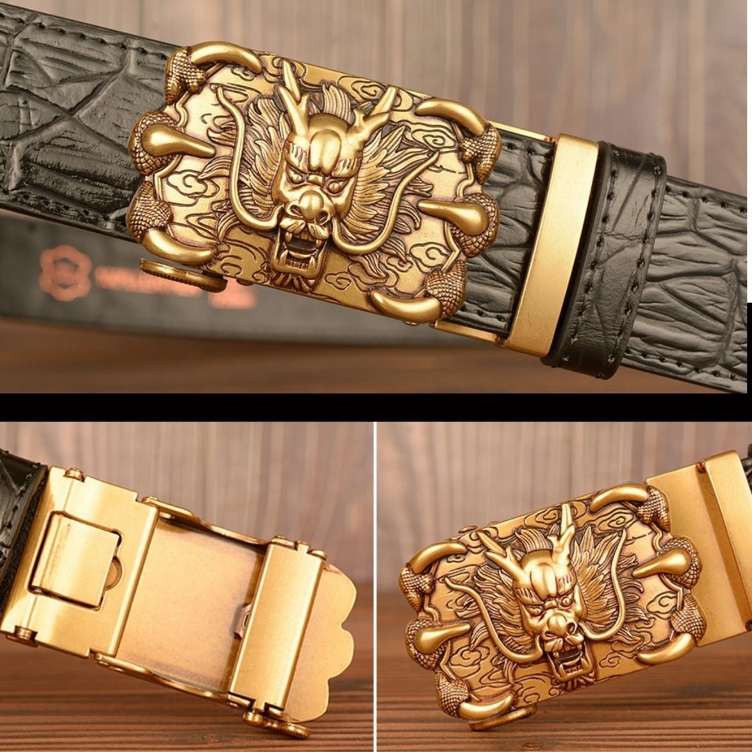 ベルト | ドラゴンデザイン スライド式合金バックル メンズベルト（ゴールド/シルバー、110cm）