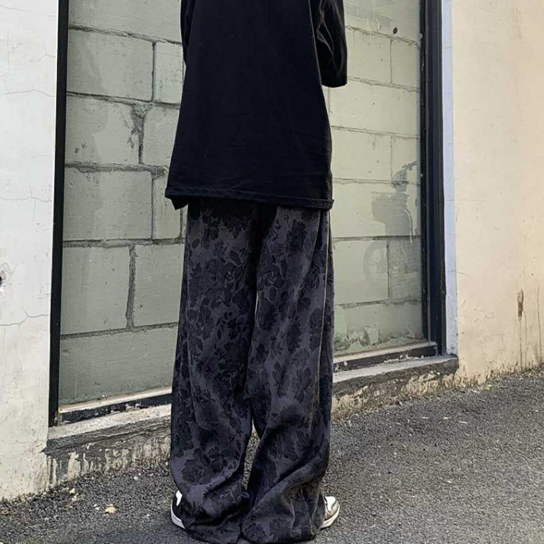 ボトムス 女性 | 花柄ワイドパンツ Lサイズ（ブラック/ブラウン）