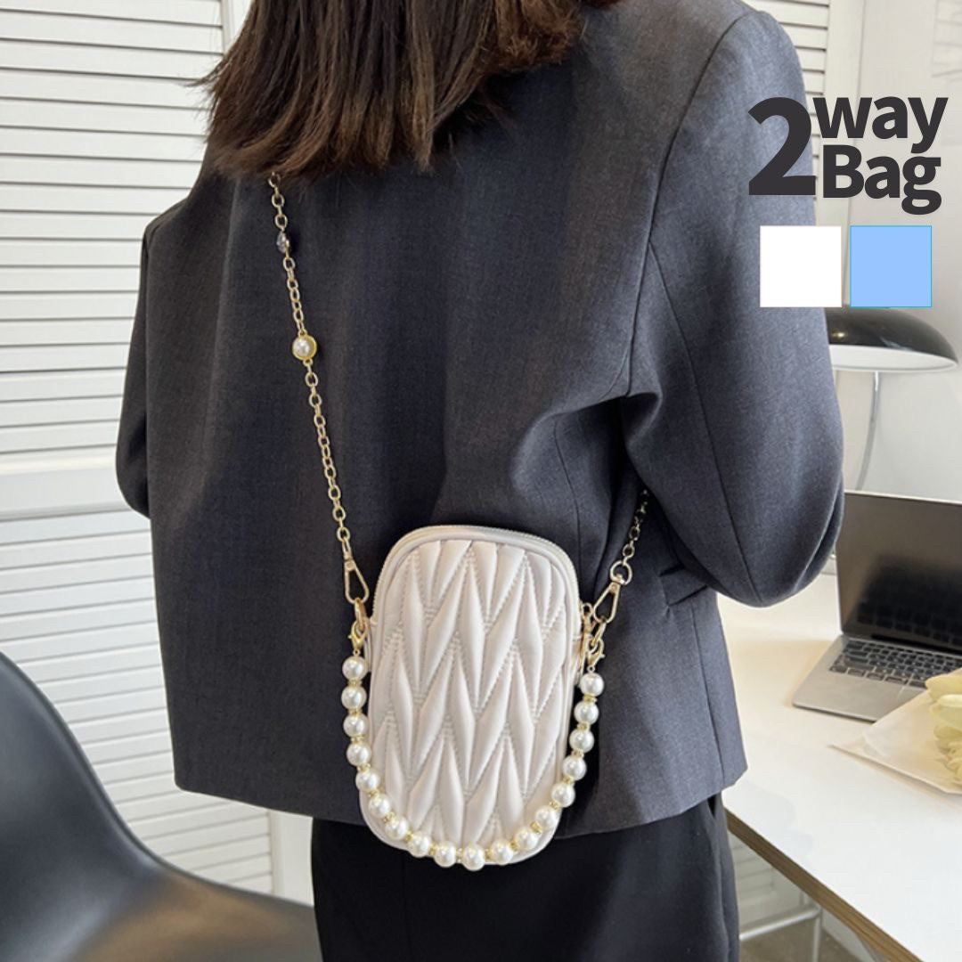 バッグ | キルティング ミニショルダーバッグ 2way パールチェーン - ホワイト/ライトブルー