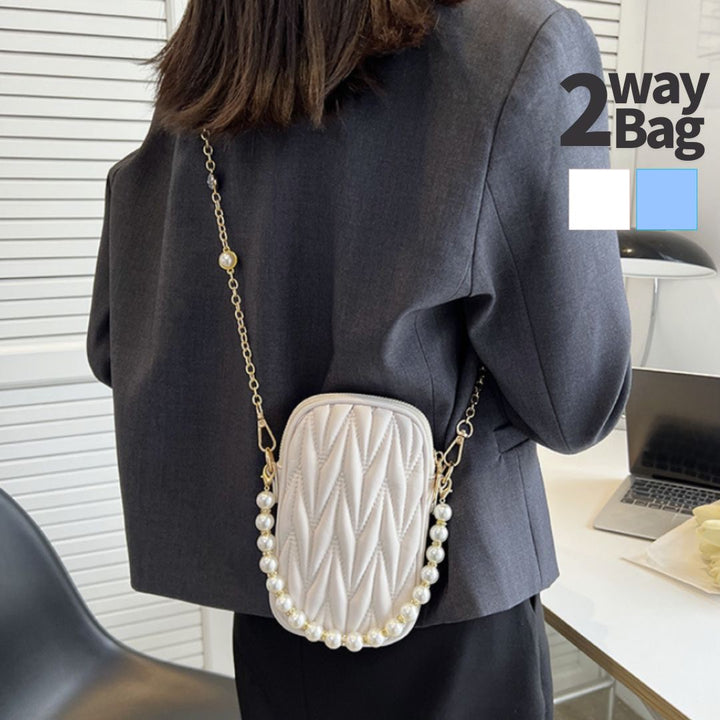 バッグ | キルティング ミニショルダーバッグ 2way パールチェーン - ホワイト/ライトブルー