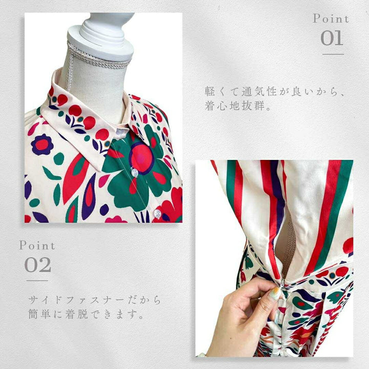 ワンピース ドレス | 赤花アートワンピース マキシ丈 エスニック風