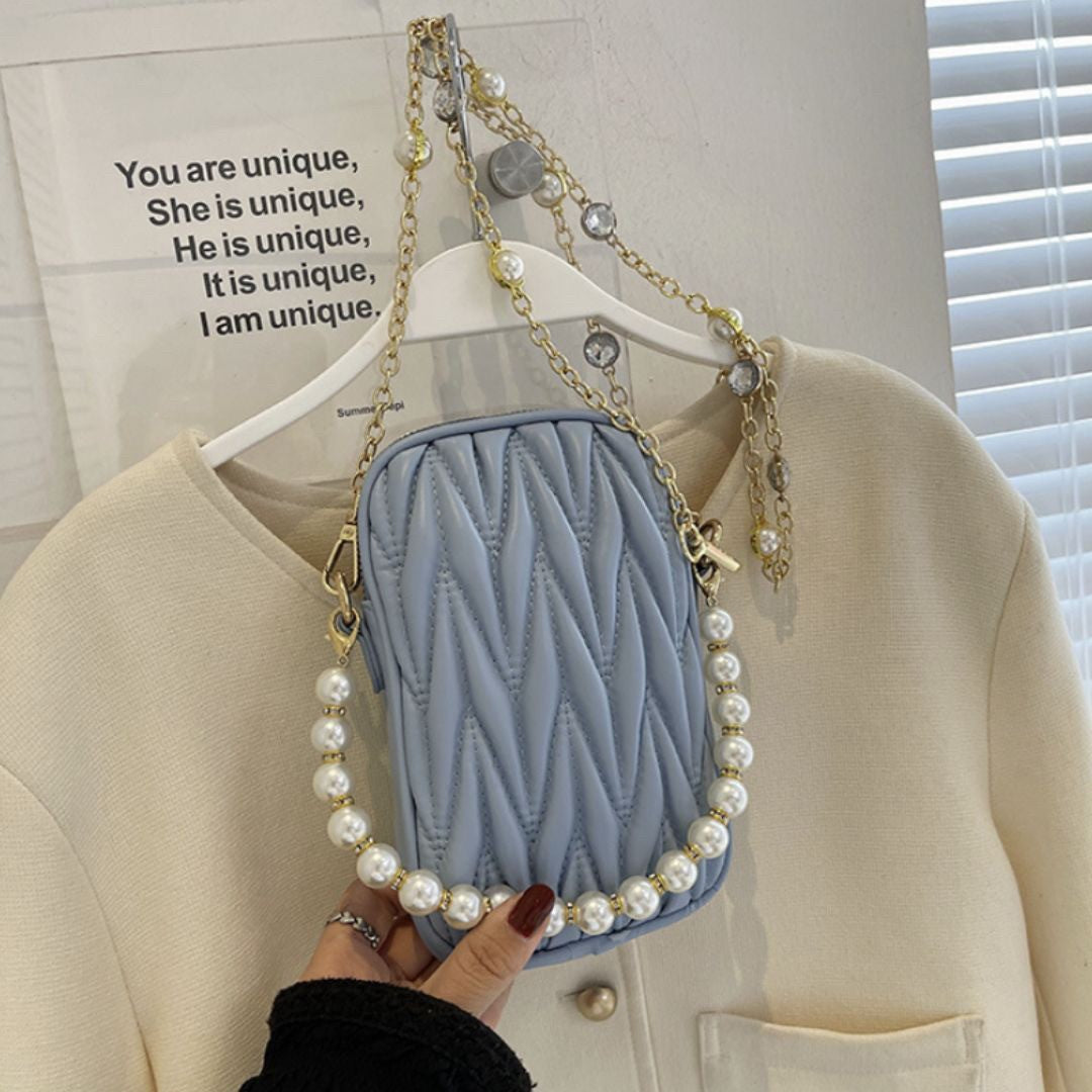 バッグ | キルティング ミニショルダーバッグ 2way パールチェーン - ホワイト/ライトブルー