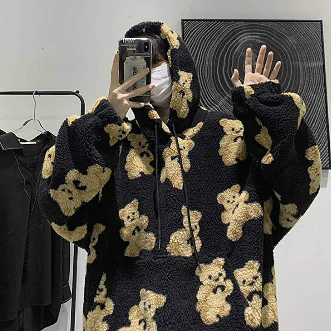 パーカー 女性 | モコモコテディベアパーカー ブラック 長袖 ユニセックス