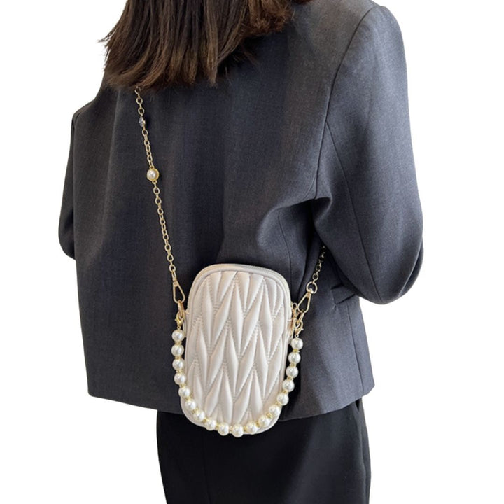 バッグ | キルティング ミニショルダーバッグ 2way パールチェーン - ホワイト/ライトブルー