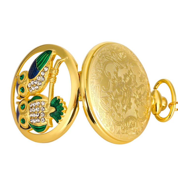 風水 時計 | アンティークゴールド懐中時計 フクロウデザイン ジルコニア装飾付き