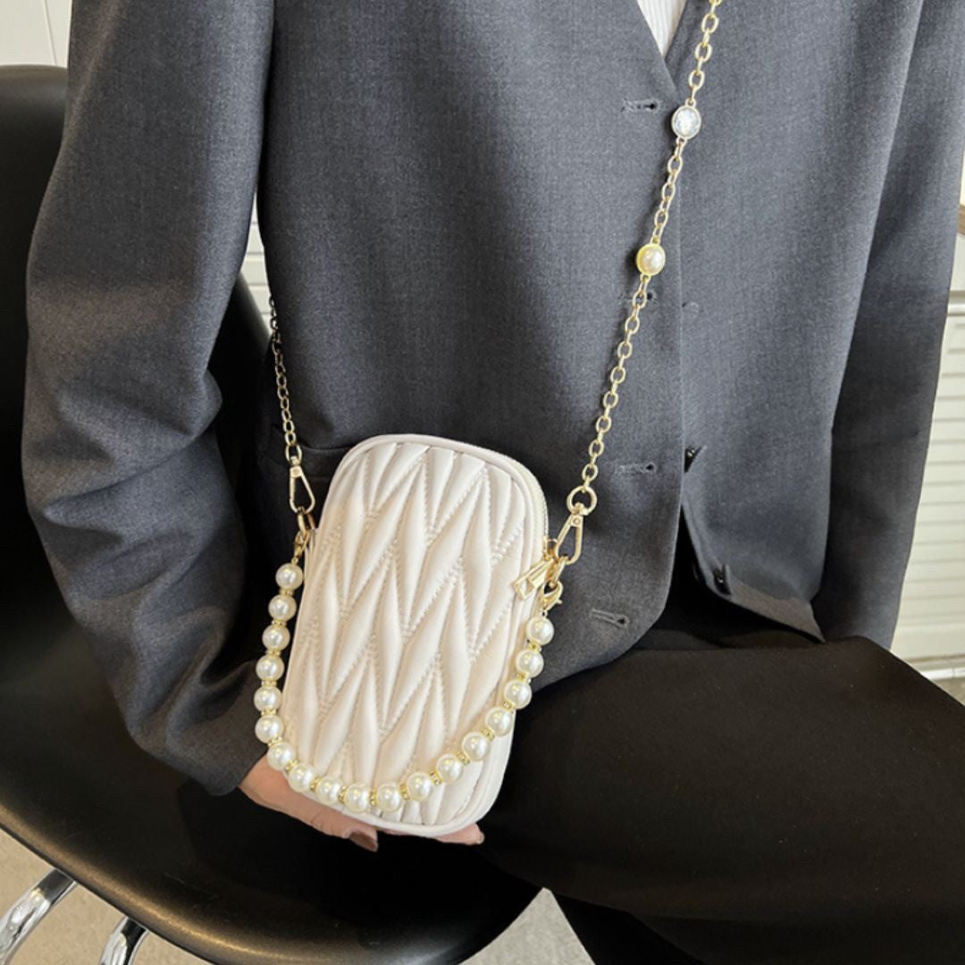 バッグ | キルティング ミニショルダーバッグ 2way パールチェーン - ホワイト/ライトブルー